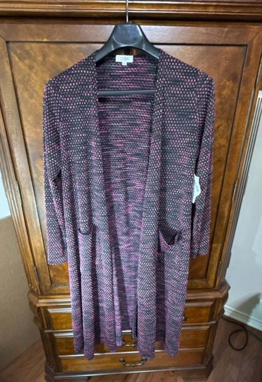 LuLaRoe Sarah Duster Cardigan Black Pink Magenta Open Front Long Sleeve Size L N